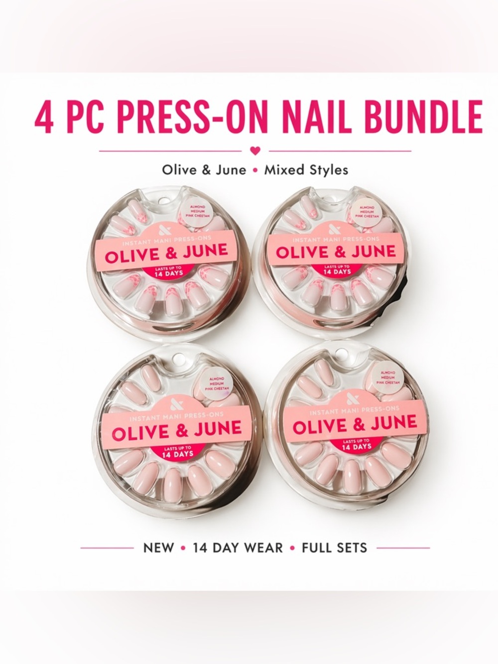 Olive & June Press On Nails Bundle 4 Sets Almond & Oval Neutral Pink Glossy
